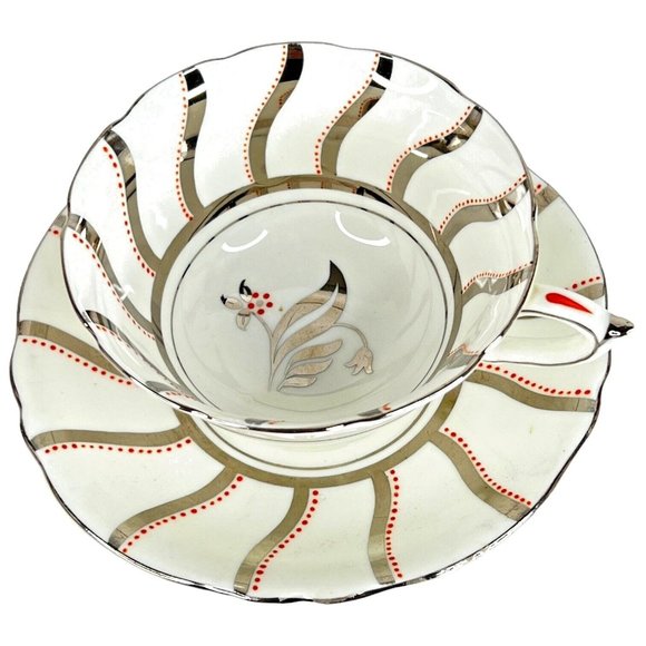 Paragon TeaCup And Saucer Stripe Orange Silver Floral By Appt Double Warrant VTG - Picture 2 of 16